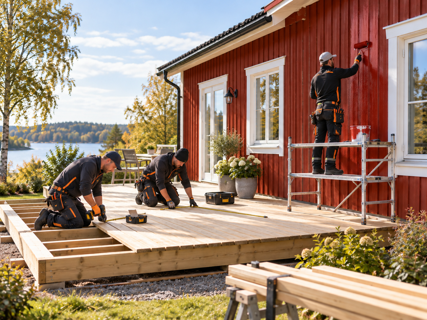 Målning av träfasad och byggnation av altan